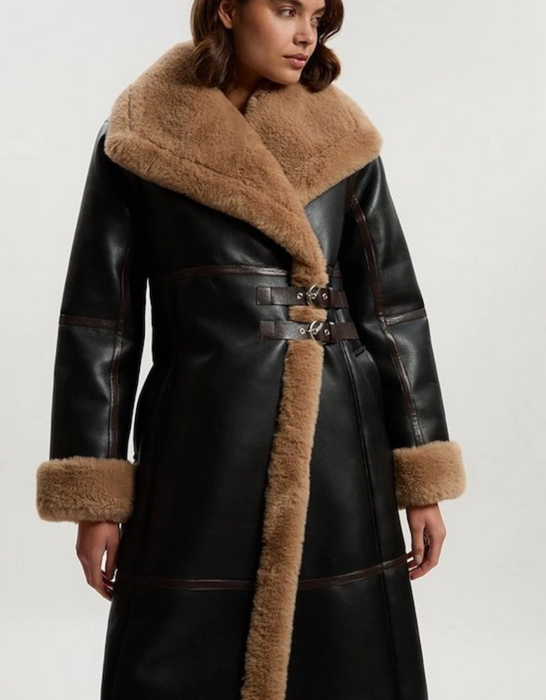 Faux Shearling Oversize Collar Buckle Midi Coat