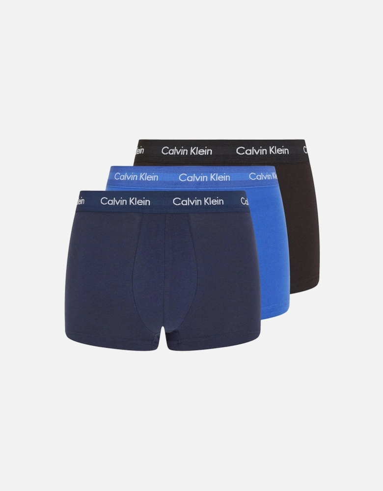 3-Pack Low-Rise Cotton Stretch Boxer Trunks, Navy/Black/Blue