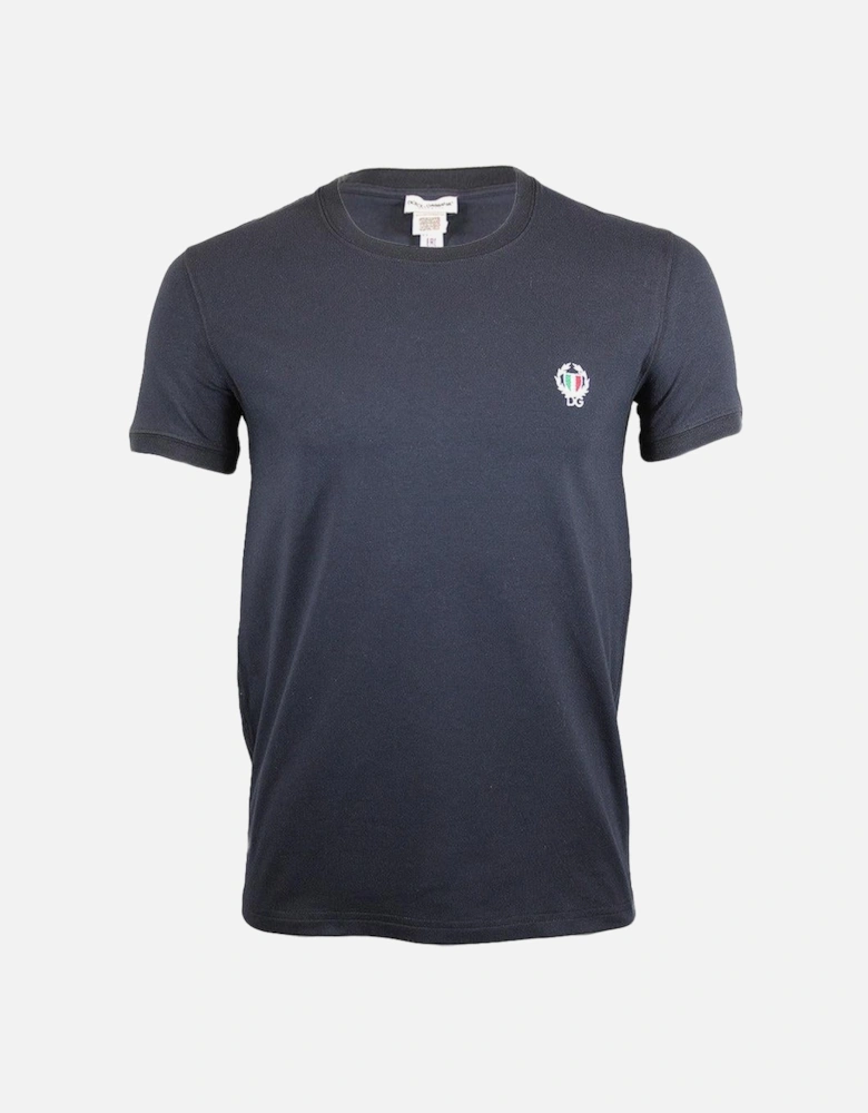 Crew-Neck Stretch Cotton T-Shirt with Crest, Navy Blue