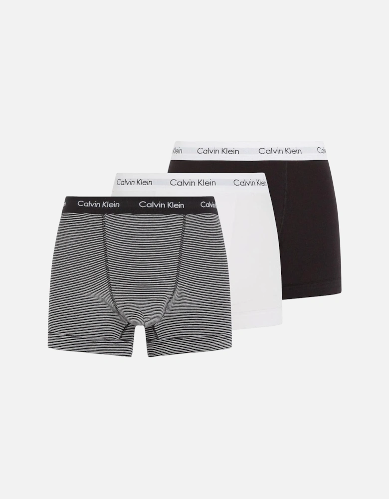 Cotton Stretch 3-Pack Stripe & Solid Boxer Trunks, Black/White