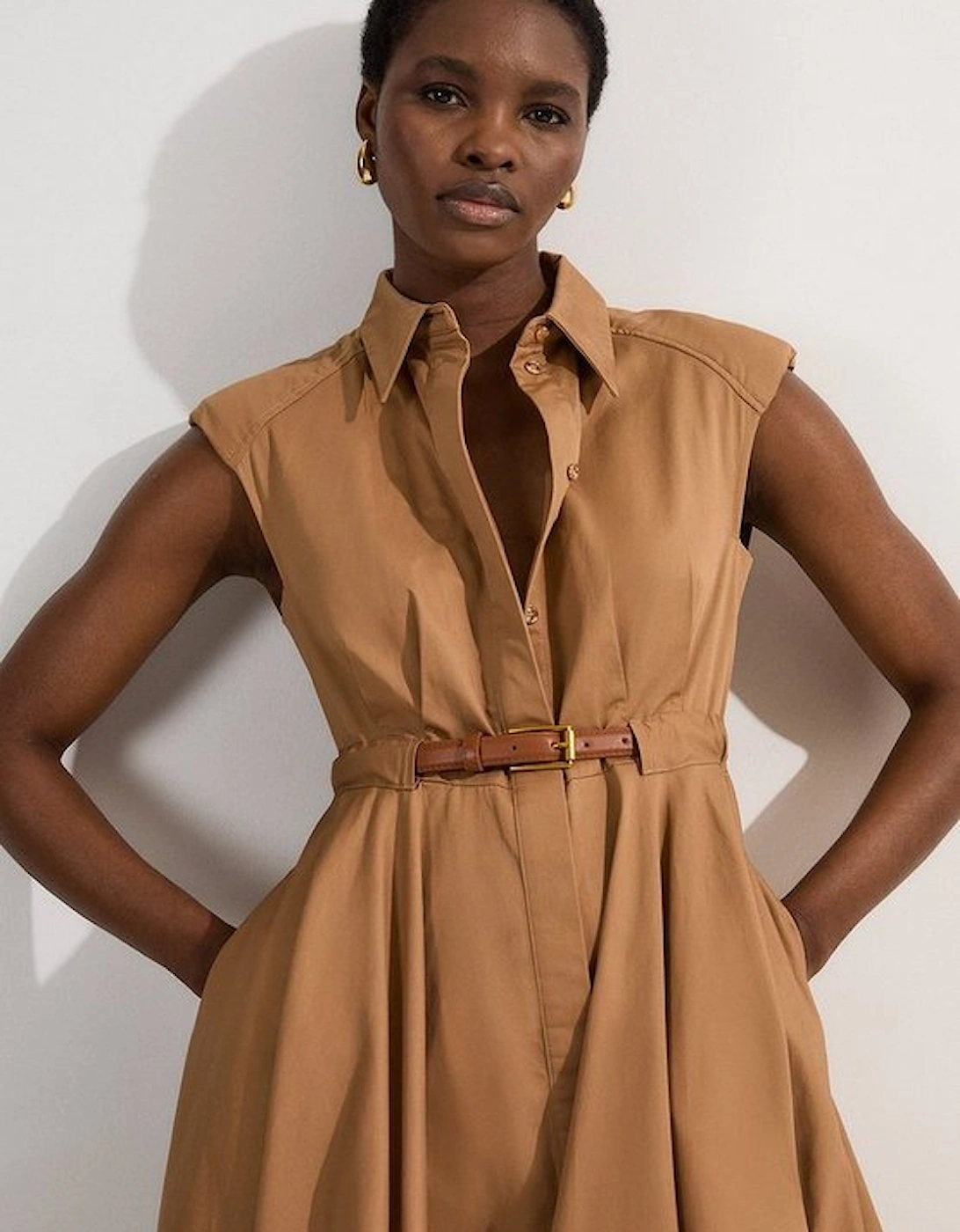 Tailored Cotton Belted Collared Full Midi Dress, 5 of 4