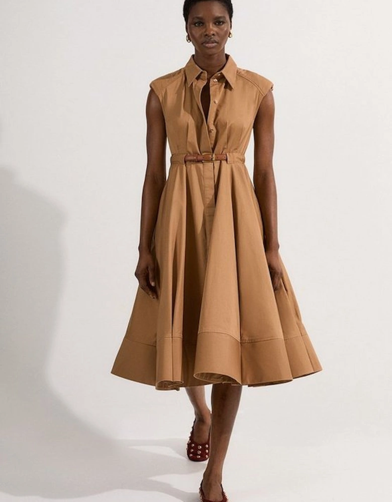 Tailored Cotton Belted Collared Full Midi Dress