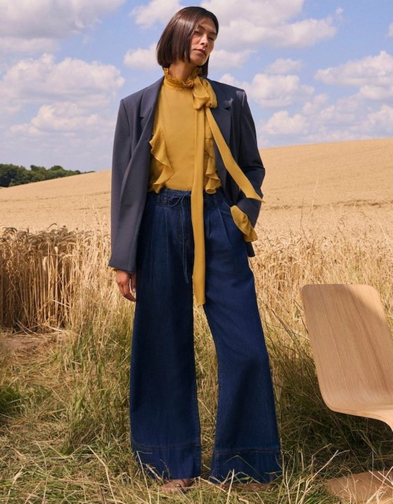 Denim Tie Waist Wide Leg Tailored Trouser