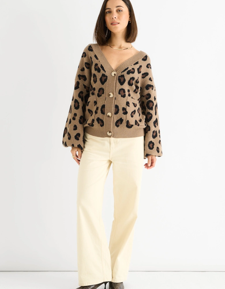 Camel Animal Print Knit Short Cardigan