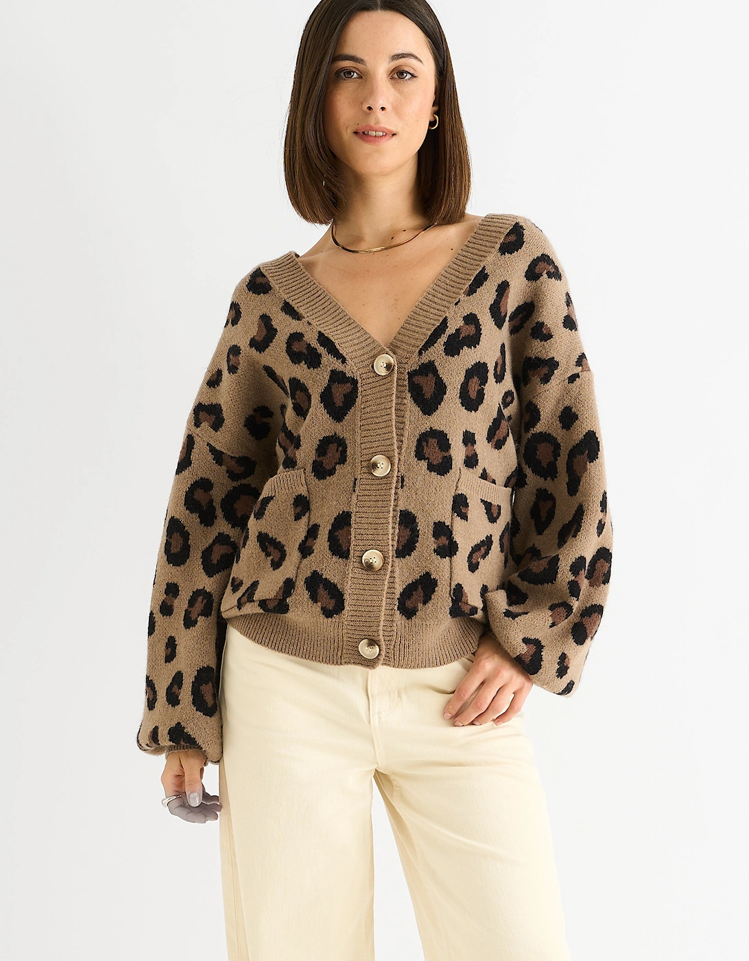 Camel Animal Print Knit Short Cardigan