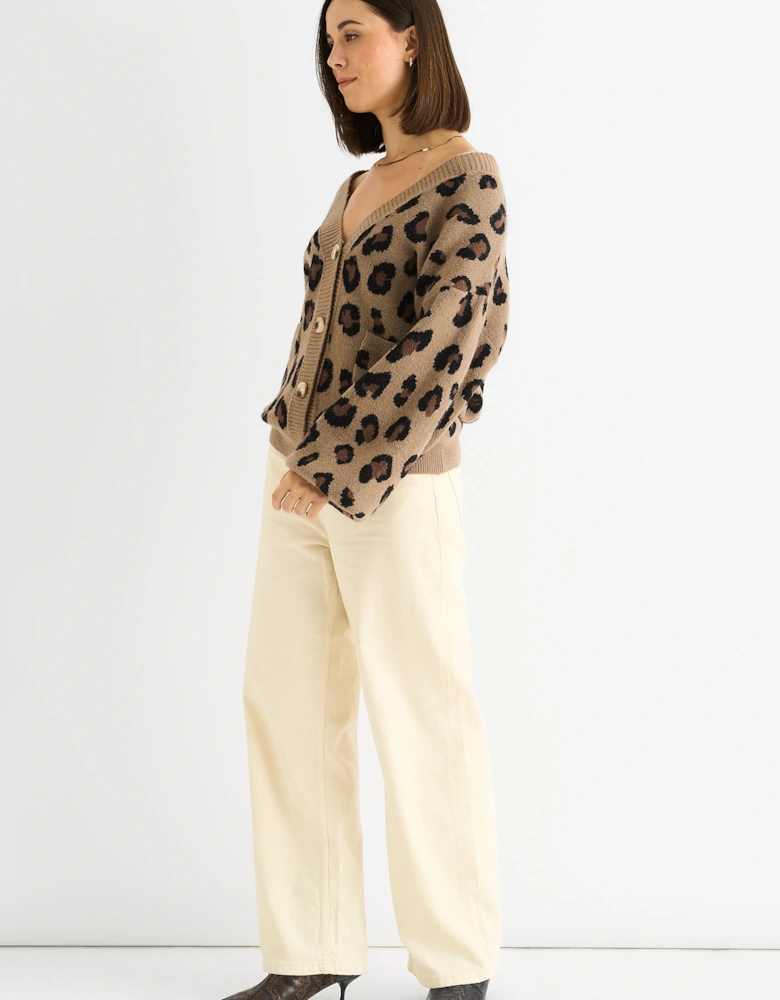 Camel Animal Print Knit Short Cardigan