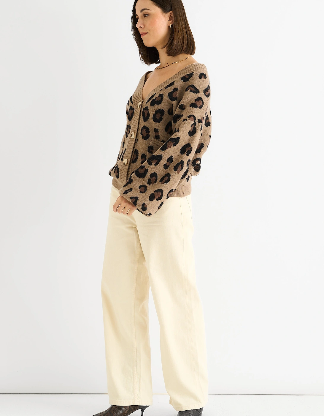 Camel Animal Print Knit Short Cardigan