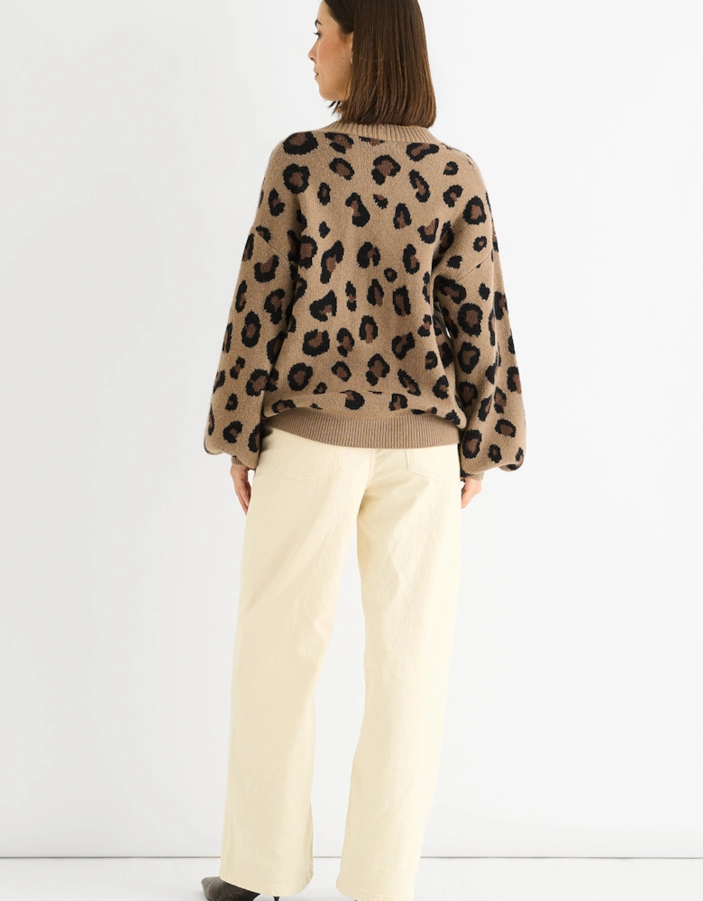 Camel Animal Print Knit Short Cardigan