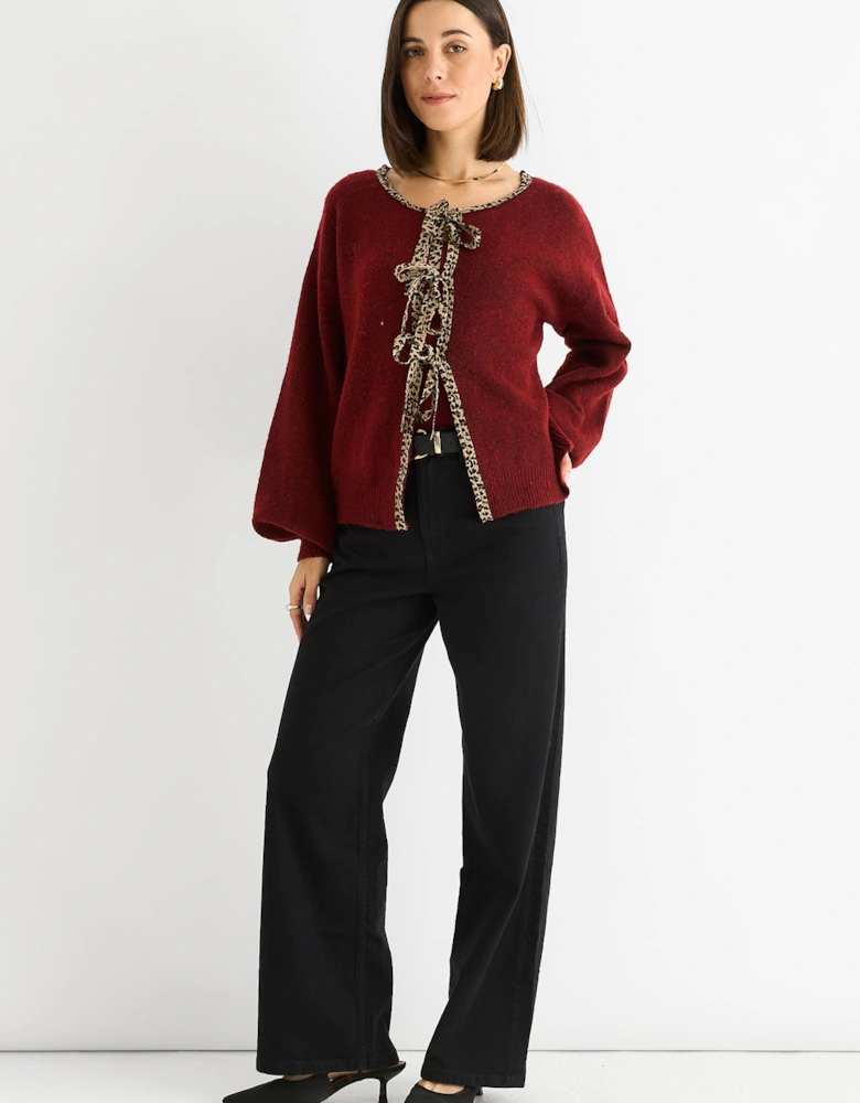 Burgundy Contrast Animal Tie Oversized Knit Cardigan