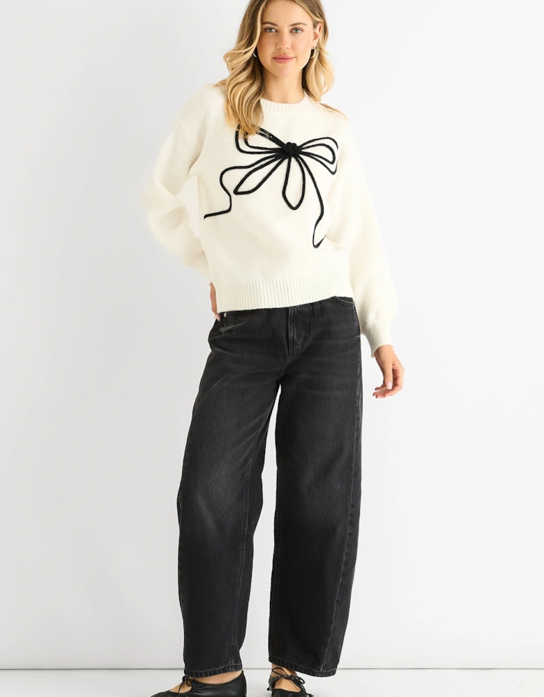 Cream Contrast Bow pattern Oversized Jumper