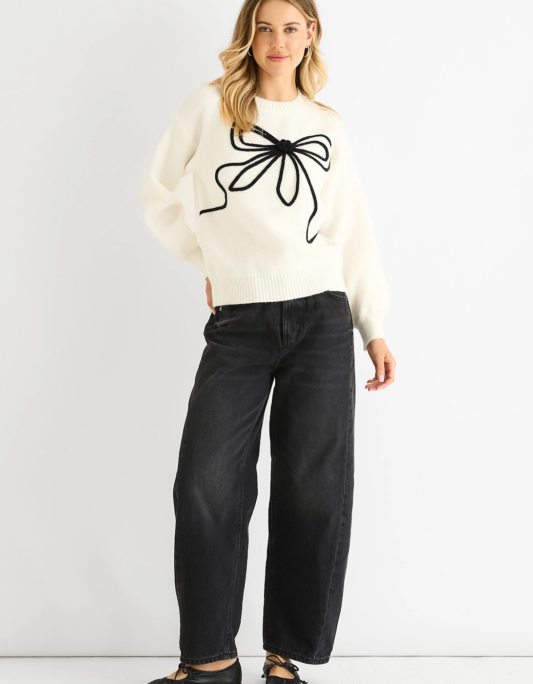 Cream Contrast Bow pattern Oversized Jumper, 5 of 4