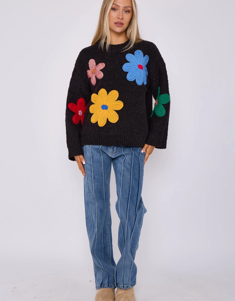 Black Floral Applique Oversized Jumper