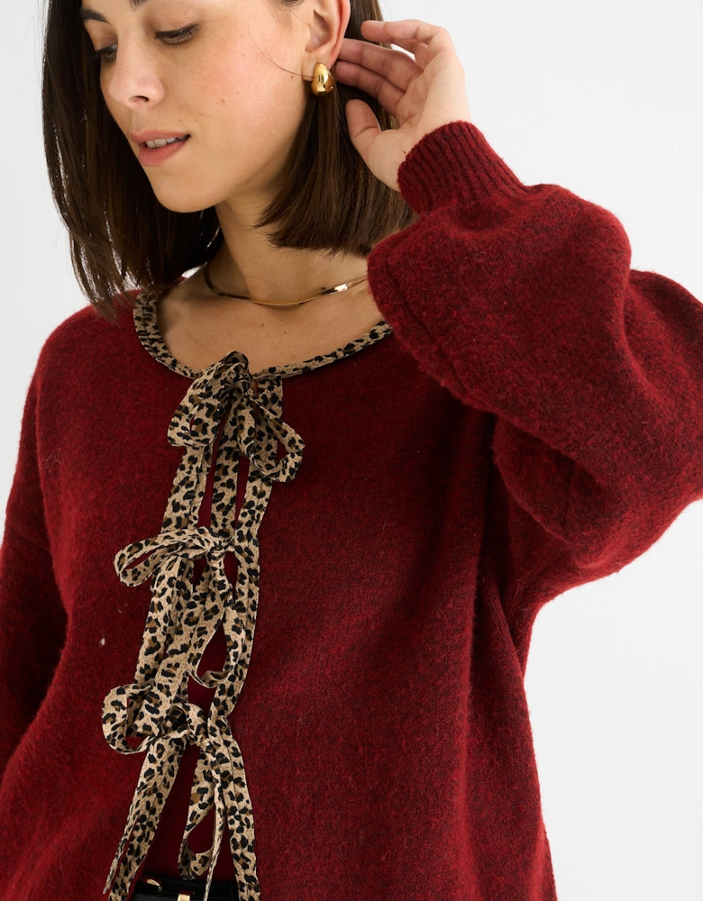 Burgundy Contrast Animal Tie Oversized Knit Cardigan