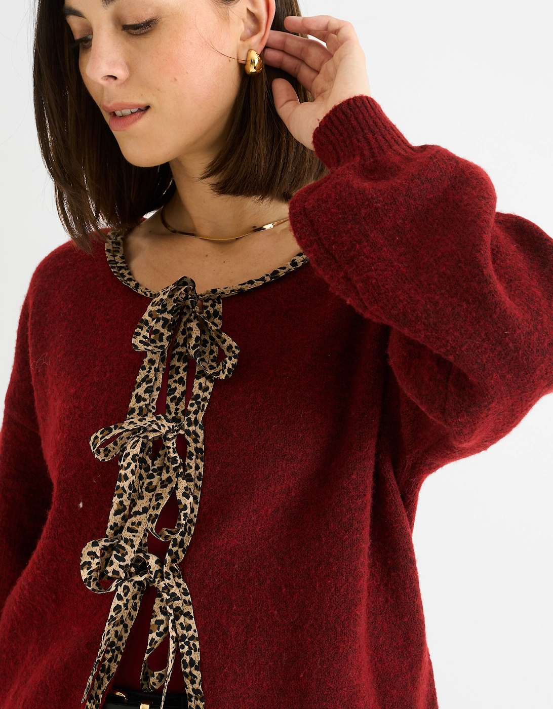 Burgundy Contrast Animal Tie Oversized Knit Cardigan
