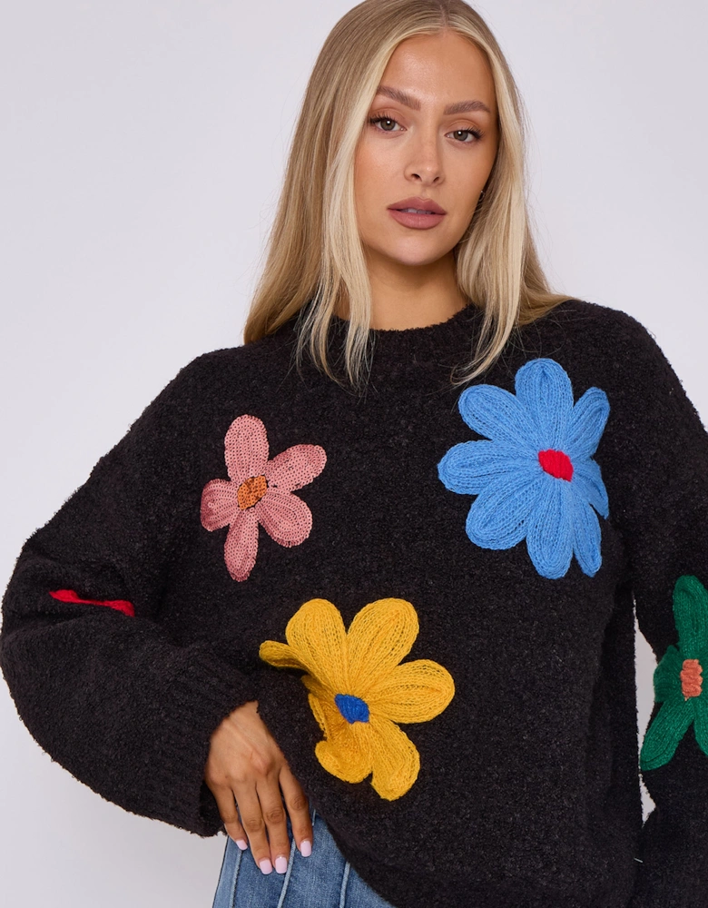 Black Floral Applique Oversized Jumper