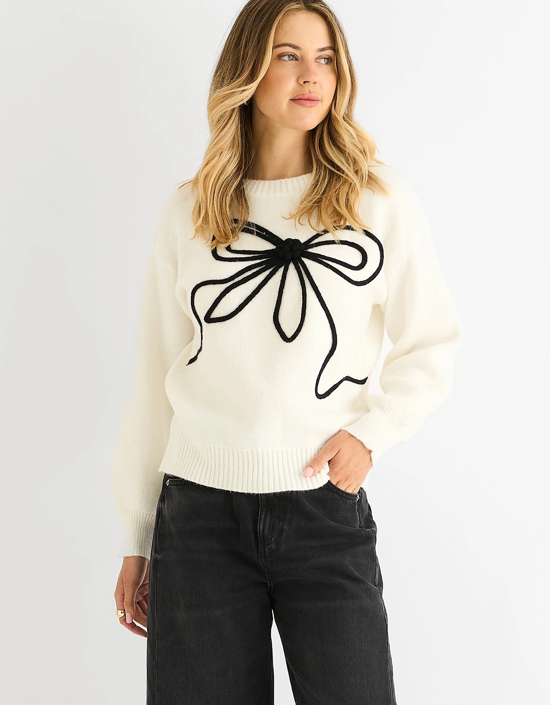 Cream Contrast Bow pattern Oversized Jumper