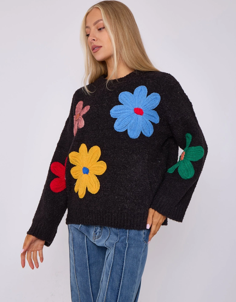 Black Floral Applique Oversized Jumper