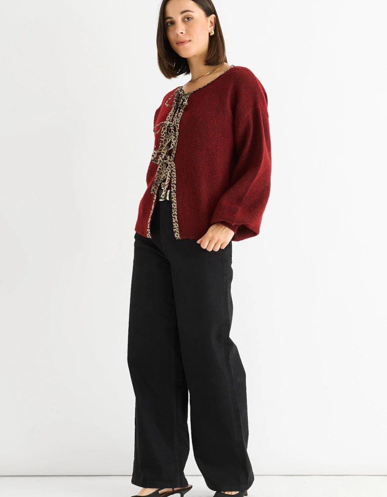 Burgundy Contrast Animal Tie Oversized Knit Cardigan
