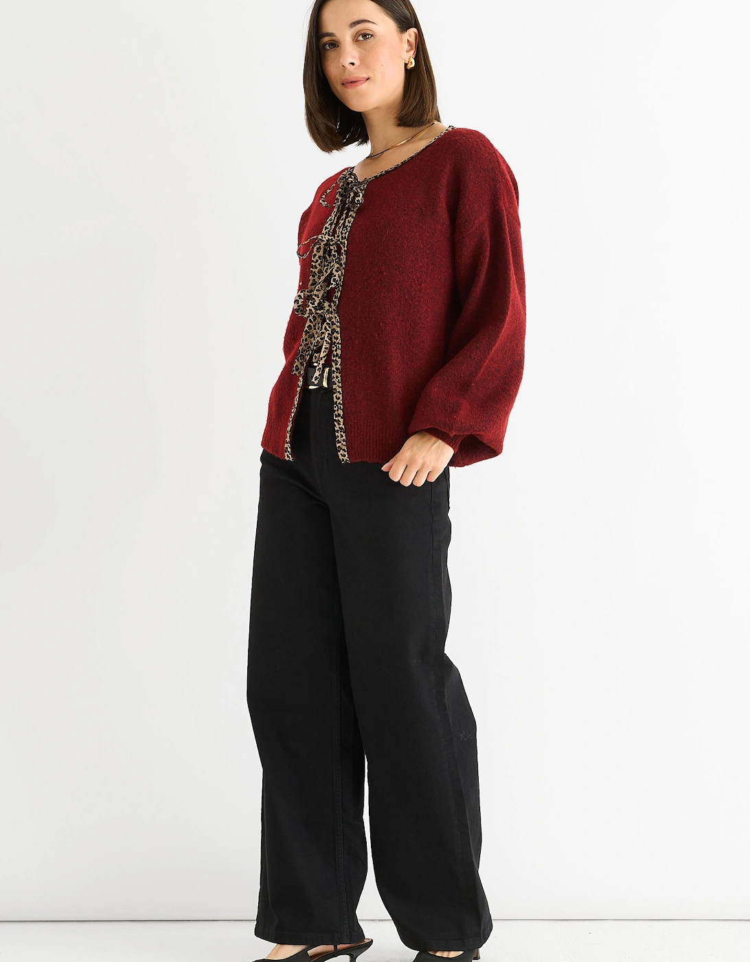 Burgundy Contrast Animal Tie Oversized Knit Cardigan