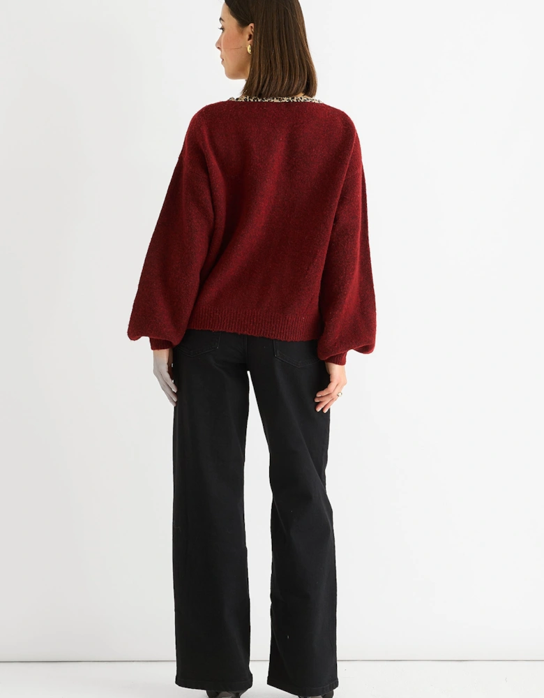 Burgundy Contrast Animal Tie Oversized Knit Cardigan