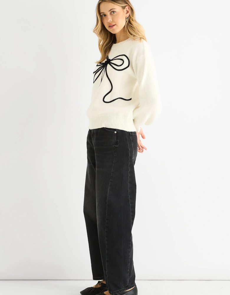 Cream Contrast Bow pattern Oversized Jumper