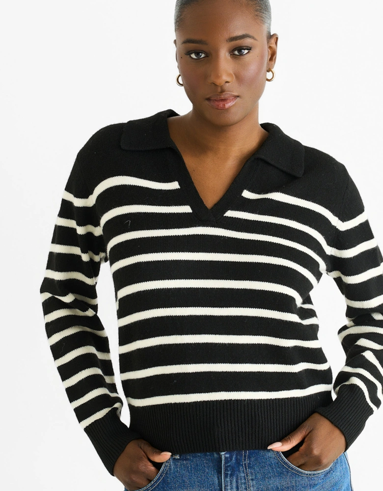 Black Recycle Stripe V Neck Collar Knit Jumper