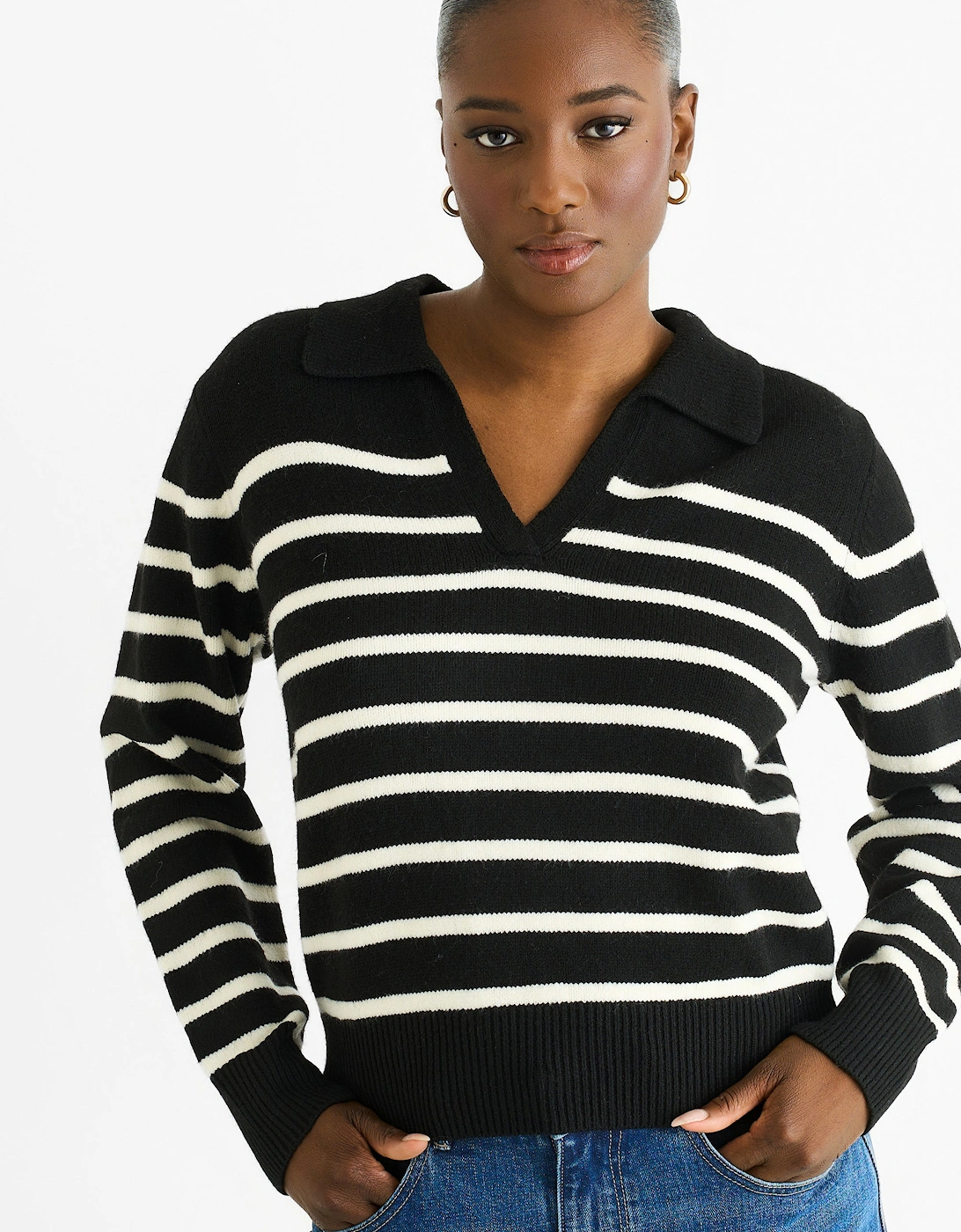 Gini London Gini London Women's Black Recycle Mix Stripe V Neck Collar Knit Jumper - White