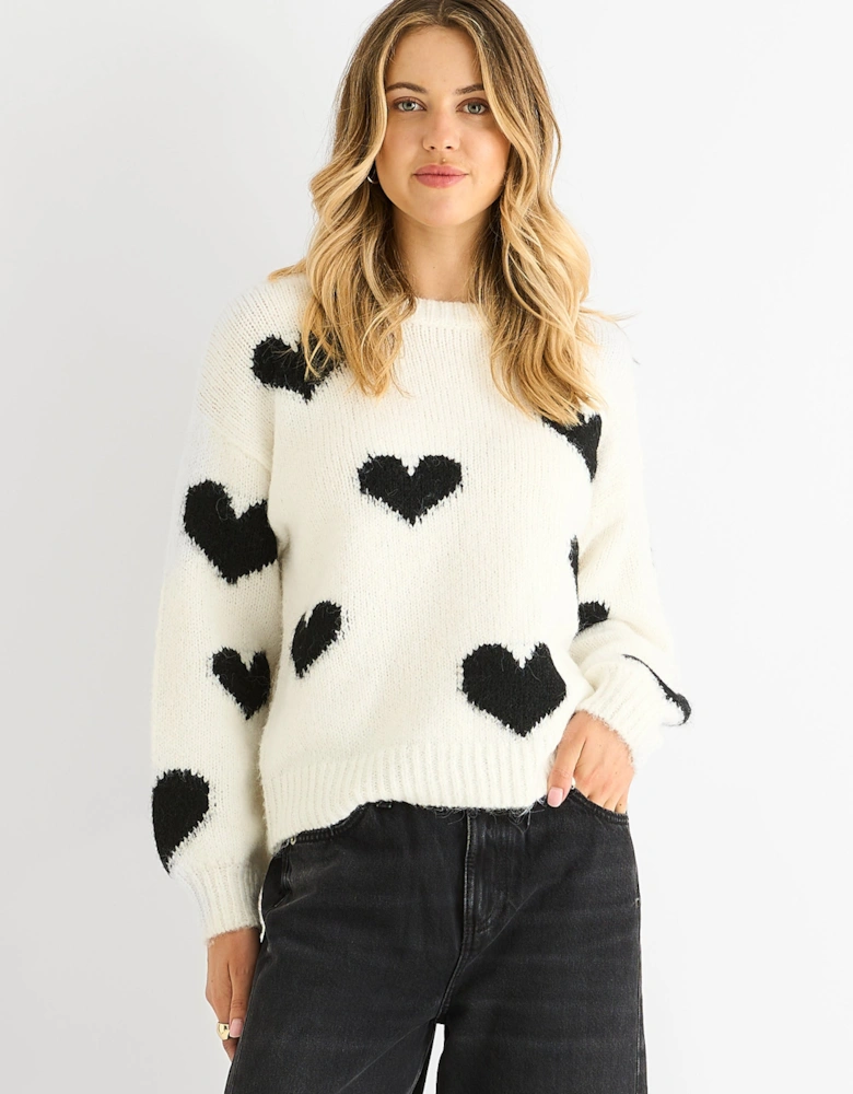 Cream Contrast Heart Oversized Knit Jumper