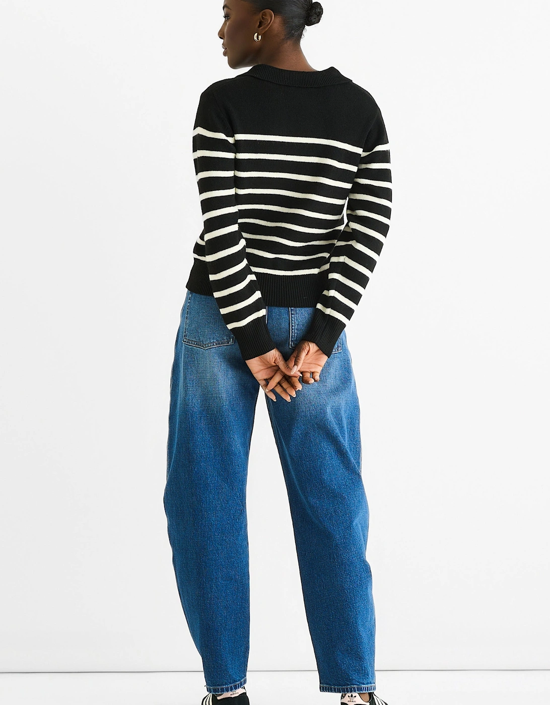 Black Recycle Stripe V Neck Collar Knit Jumper