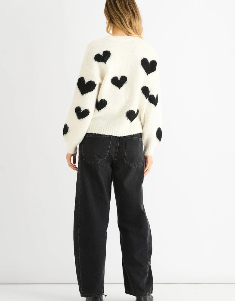 Cream Contrast Heart Oversized Knit Jumper