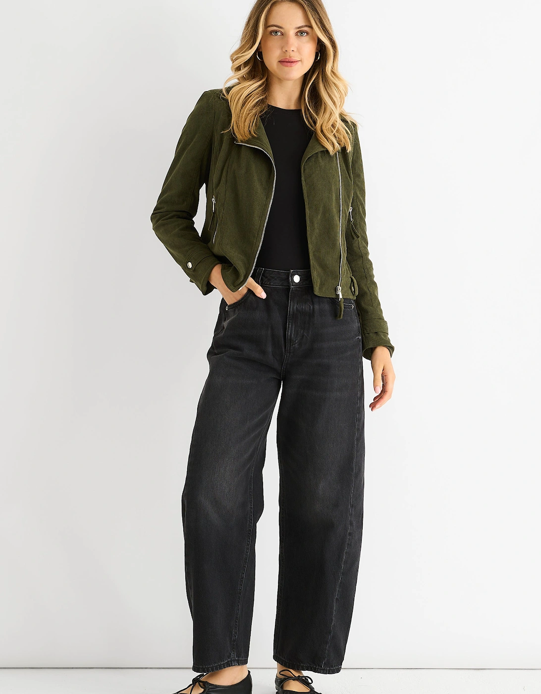 Gini London Women's Khaki Corduroy Biker Zip Up Jacket - Green - Size: 14