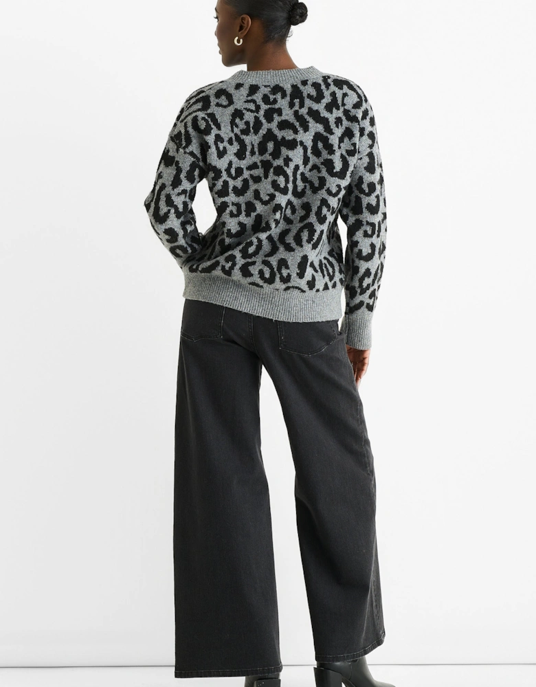 Grey Animal V Neck Short Knit Jumper