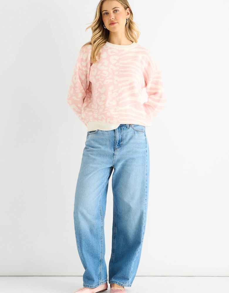 Pink Contrast Zebra Animal Knit Jumper