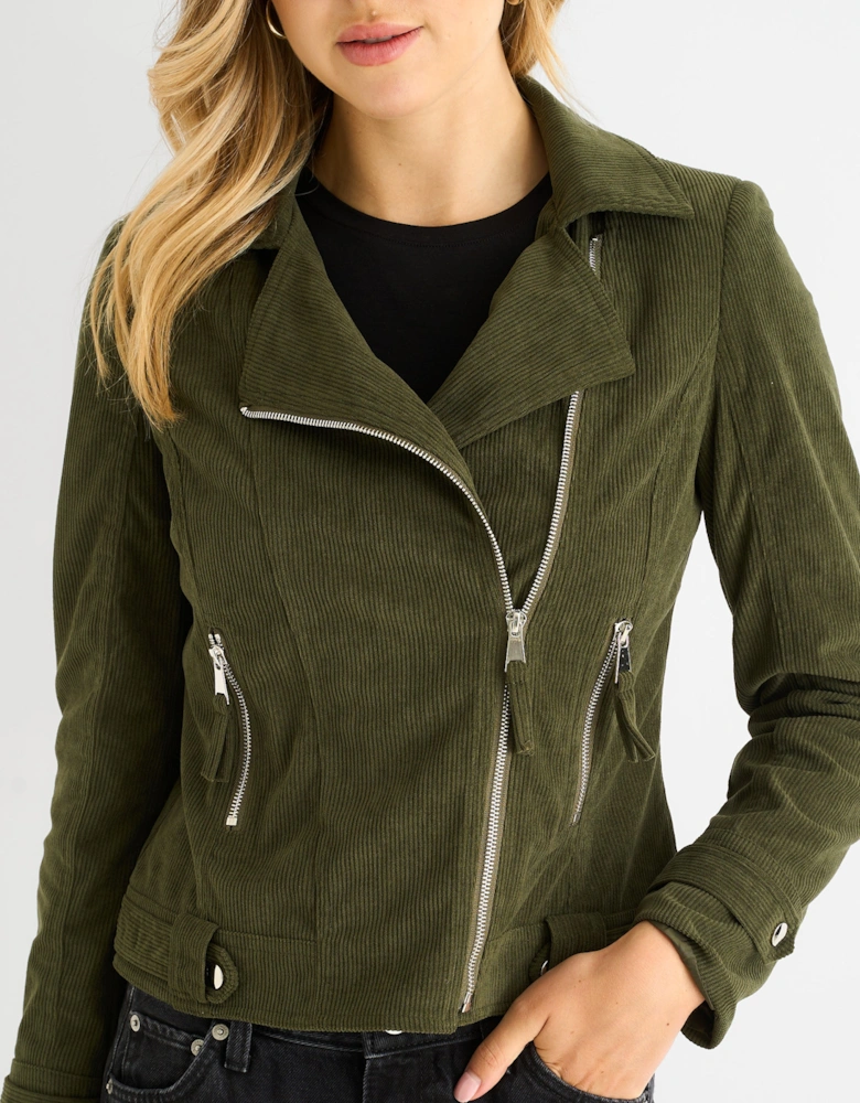 Khaki Corduroy Biker Zip Up Jacket