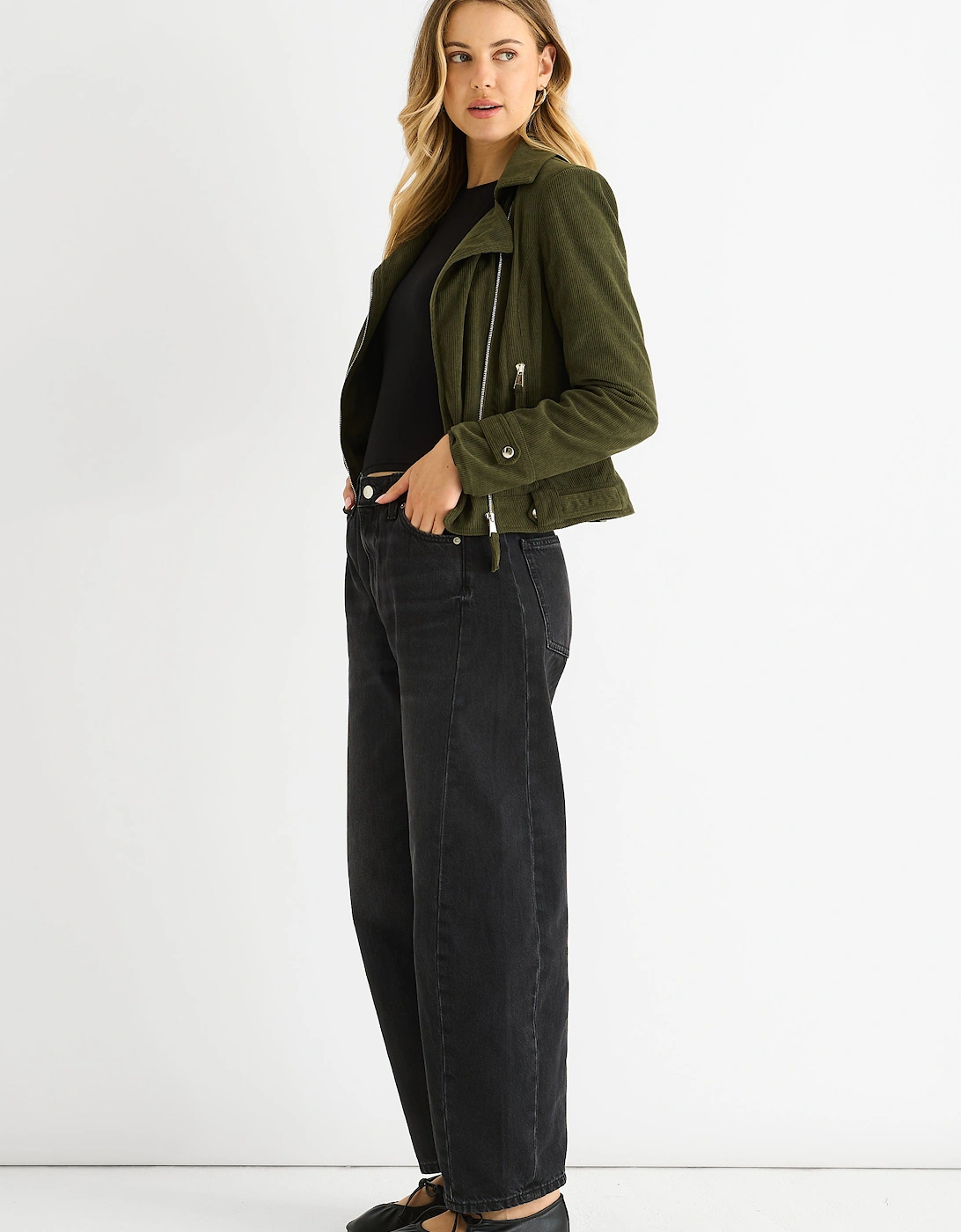 Khaki Corduroy Biker Zip Up Jacket