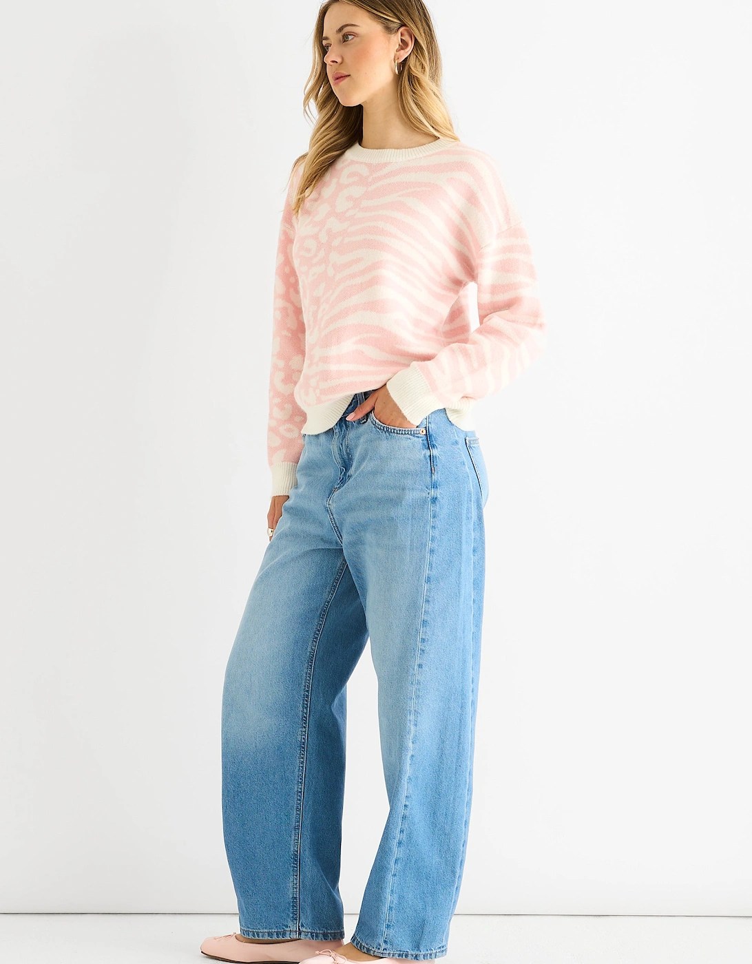 Pink Contrast Zebra Animal Knit Jumper