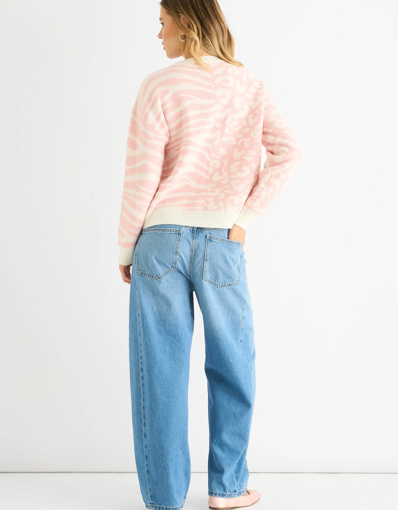 Pink Contrast Zebra Animal Knit Jumper