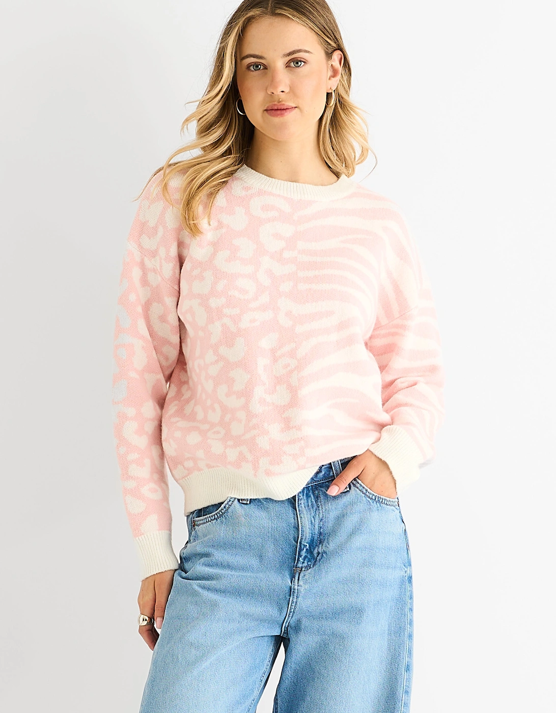 Pink Contrast Zebra Animal Knit Jumper