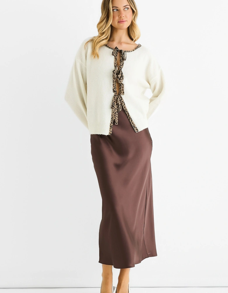 Cream Contrast Animal Tie Oversized Knit Cardigan