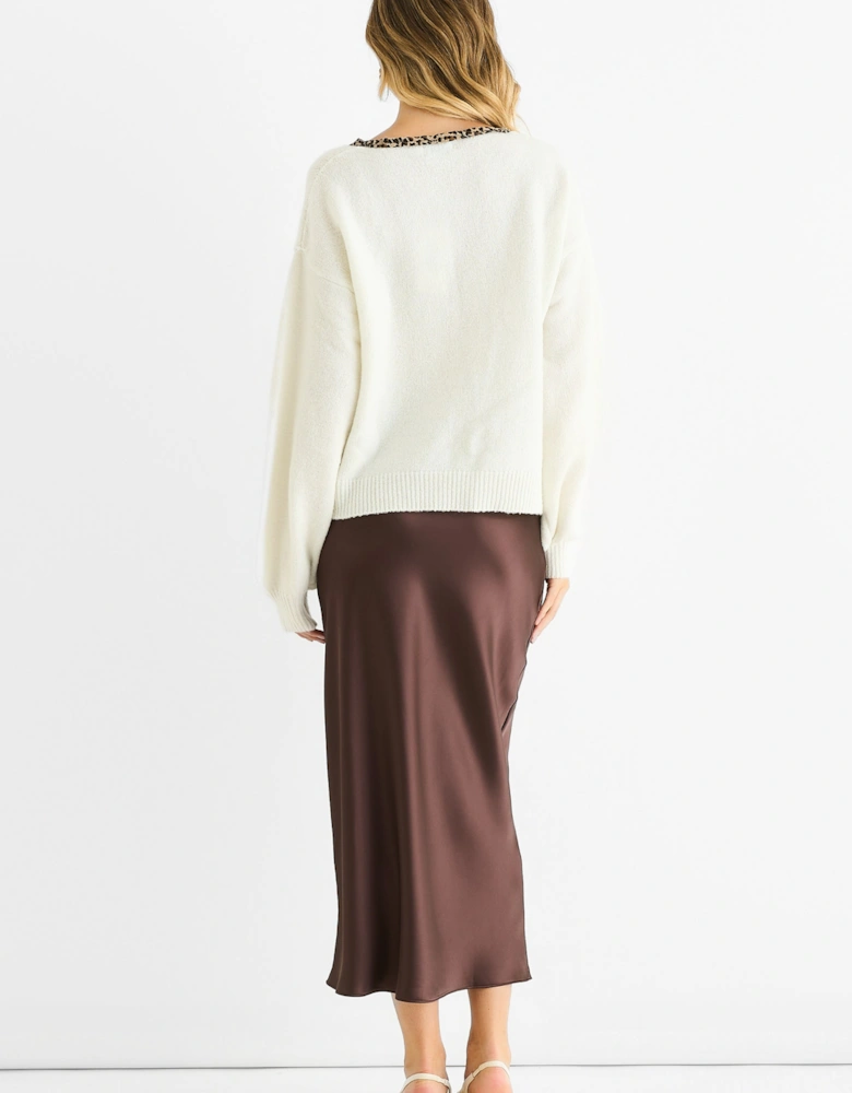 Cream Contrast Animal Tie Oversized Knit Cardigan
