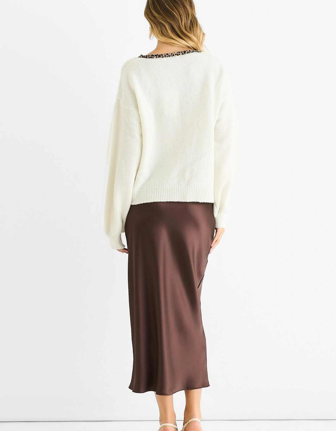 Cream Contrast Animal Tie Oversized Knit Cardigan