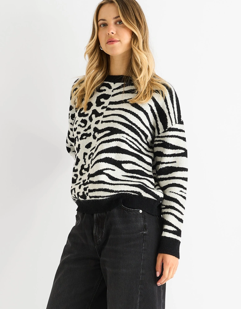 Black Contrast Zebra Animal Knit Jumper