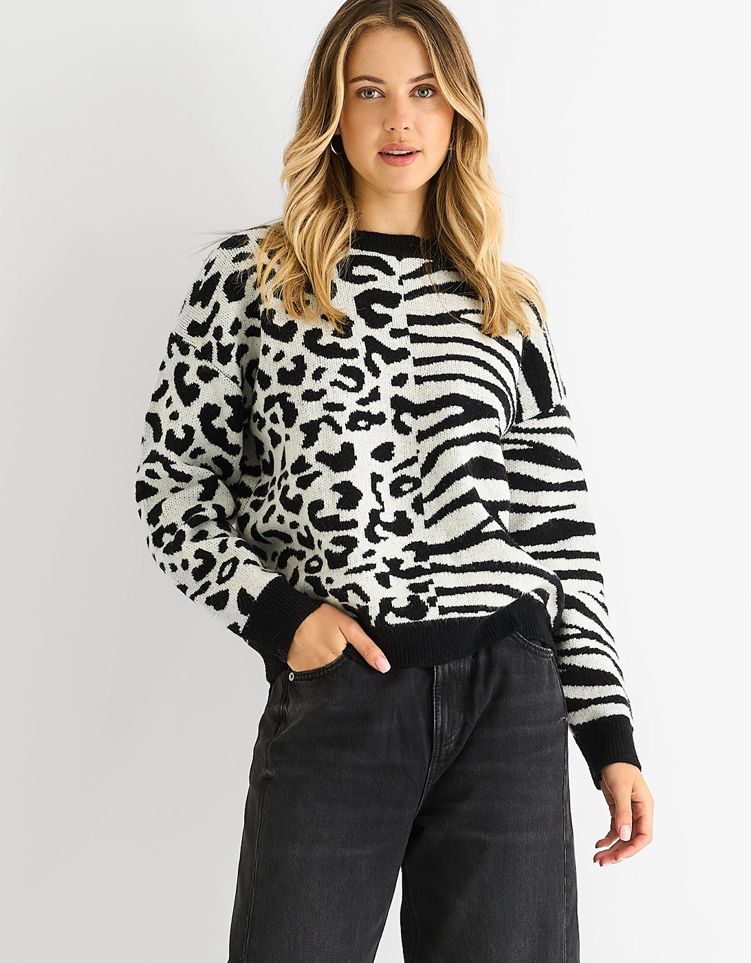 Black Contrast Zebra Animal Knit Jumper