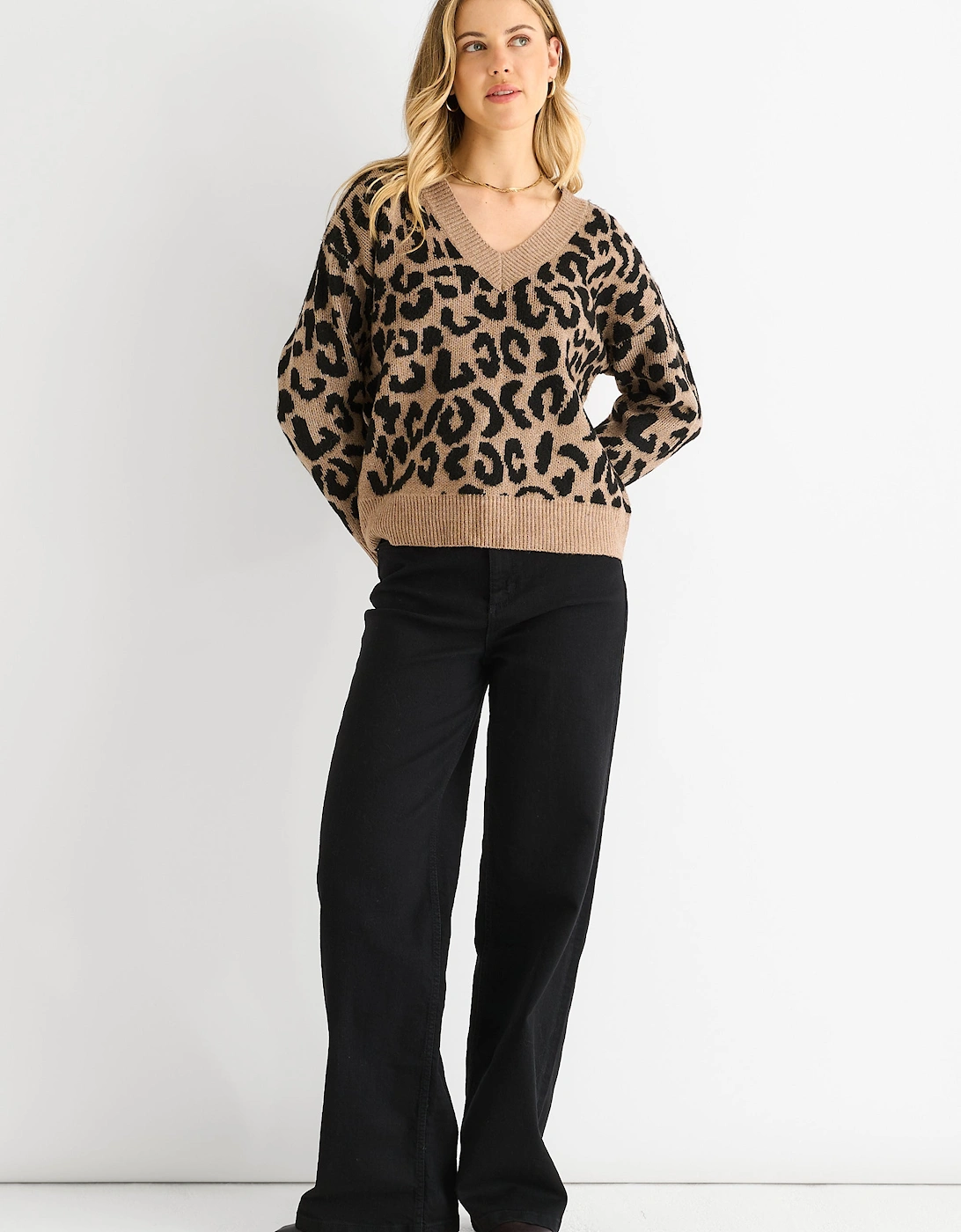 Gini London Women's Brown Camel Animal V Neck Short Knit Jumper - : 8/10 Size 8