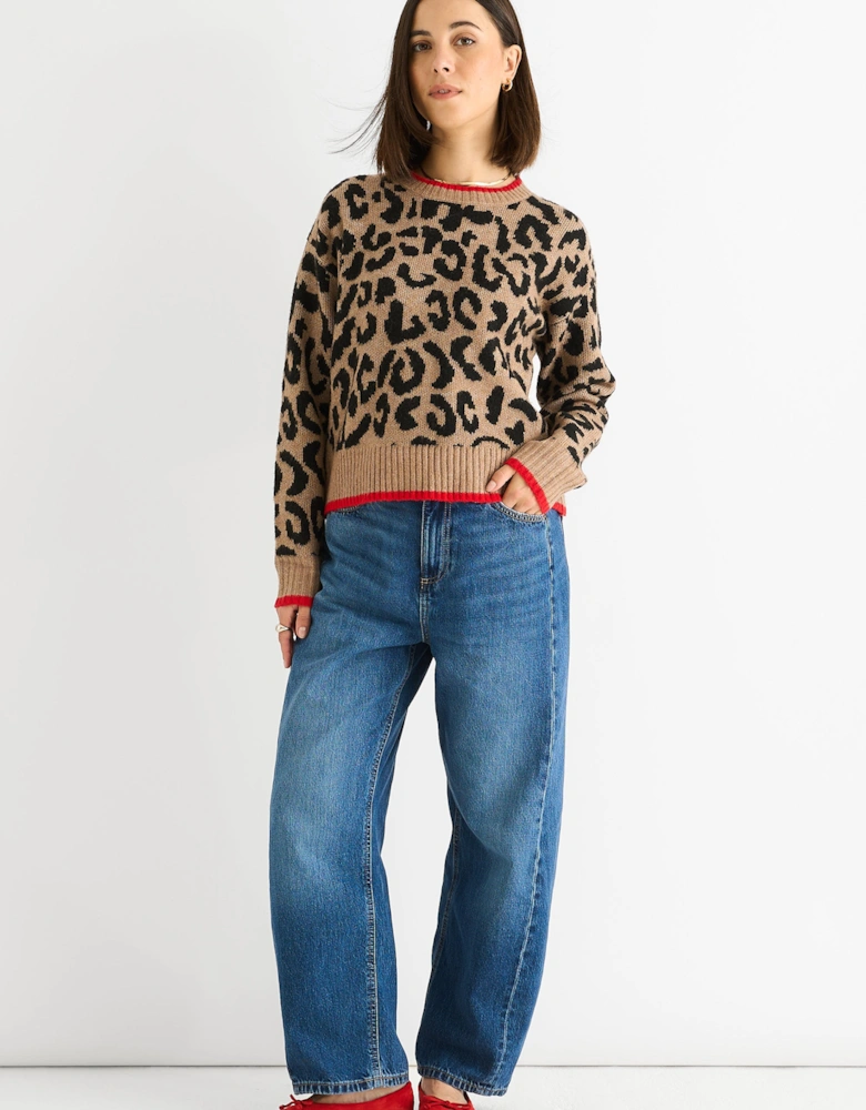 Camel Contrast Piping Animal Knit Jumper