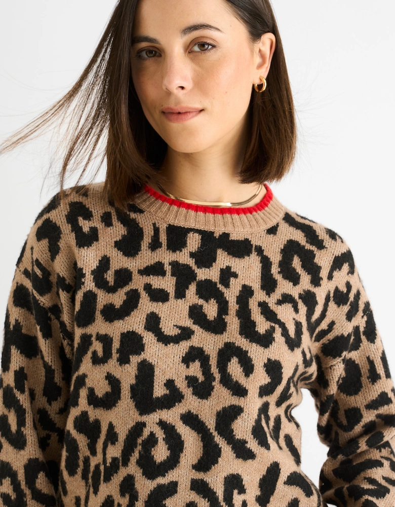 Camel Contrast Piping Animal Knit Jumper