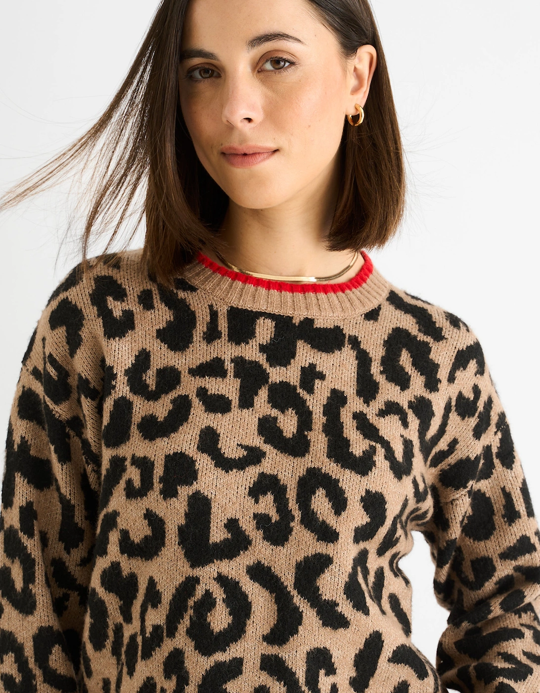 Camel Contrast Piping Animal Knit Jumper