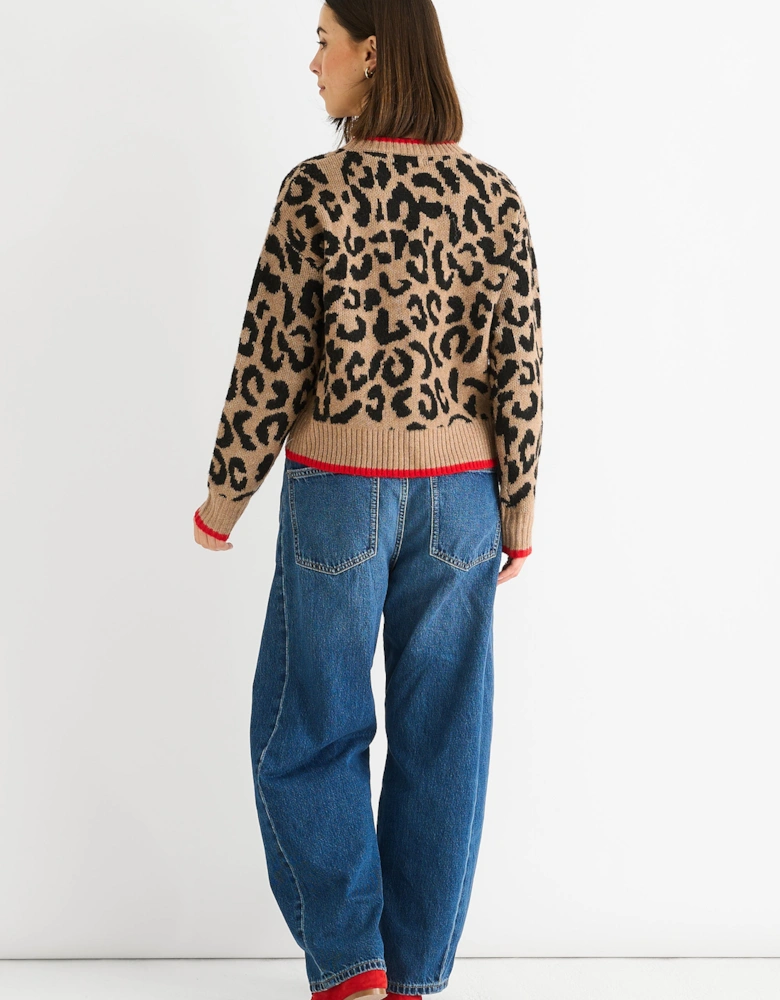 Camel Contrast Piping Animal Knit Jumper