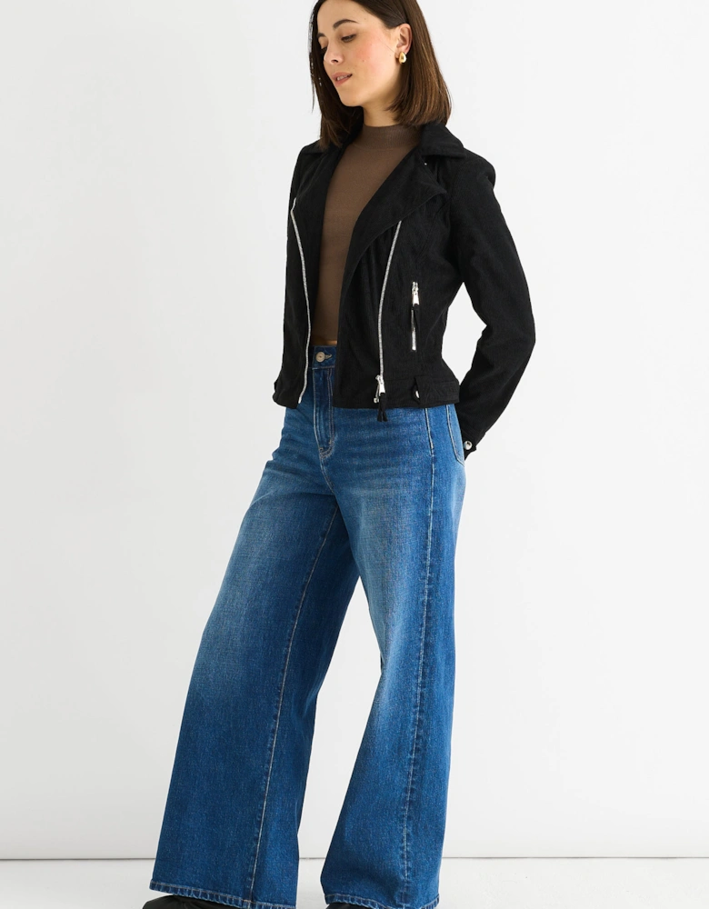 Black Corduroy Biker Zip Up Jacket