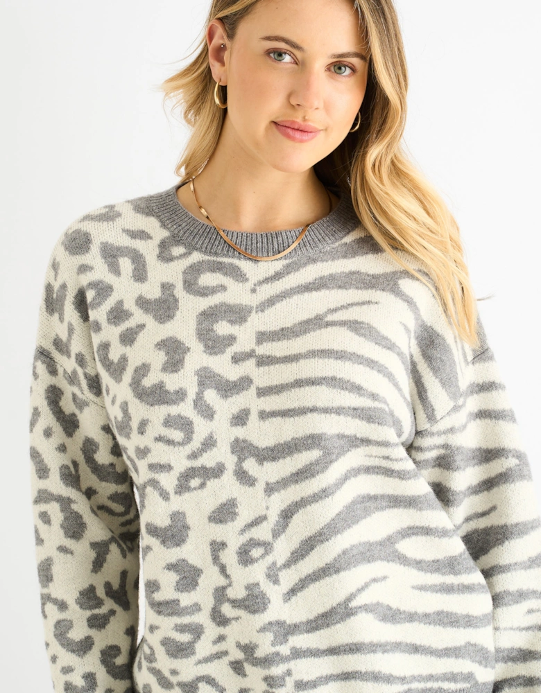 Grey Contrast Zebra Animal Knit Jumper